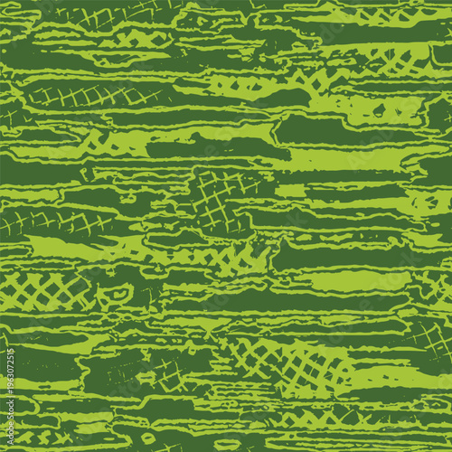 Camouflage ink grunge texture. Seamless abstract wallpaper. Modern fashion design. Green camo made hand draws brush stroke. Doodle style pattern. Vector background 