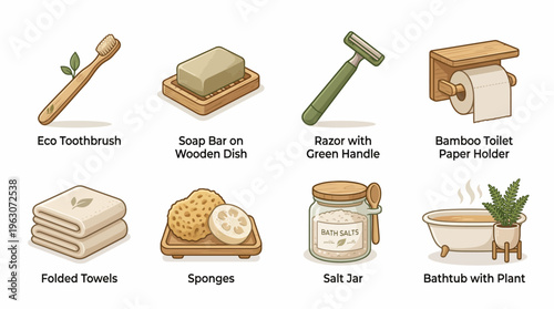 Eco-Friendly Bathroom Essentials Vector Clipart | Sustainable Bathroom Decor Icons | Bamboo Toilet Paper Holder, Soap Bar, Sponge, Razor, Towels, Salt Jar, Bathtub, Eco Toothbrush Vector