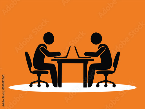 Two People Working on Laptops at a Desk Vector Illustration