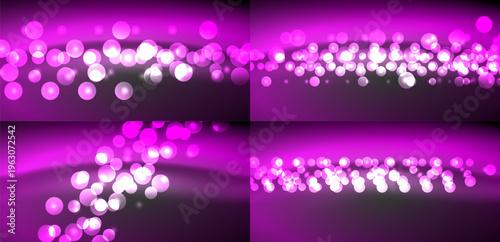 Bright pink bokeh lights create abstract patterns. Four panels display varying light concentrations, gradients, soft focus.