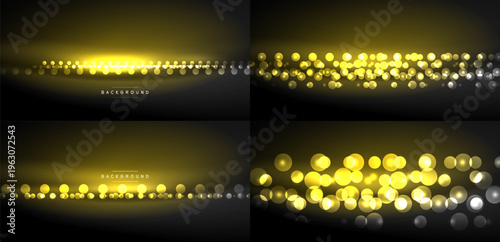 Golden bokeh effects over dark backgrounds. Four variations showcase light intensity, density, texture. Elegant design elements for projects.