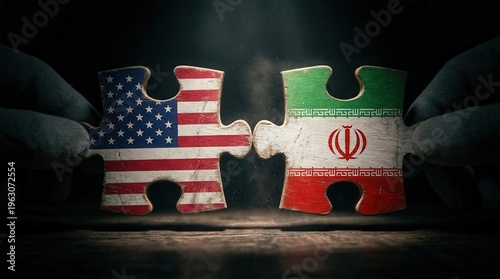 Gloved hands connecting two wooden puzzle pieces, one with the USA flag and the other with the Iran flag. International relations, conflict, and diplomacy.