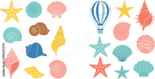 Seashells and starfish vector set with ocean marine elements, spiral shells and beach themed decorations in pastel flat illustration style