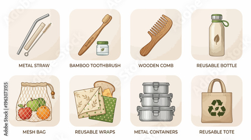 Eco-Friendly Bathroom Essentials Vector Clipart | Sustainable Bathroom Decor Icons | Bamboo Toilet Paper Holder, Soap Bar, Sponge, Razor, Towels, Salt Jar, Bathtub, Eco Toothbrush Vector
