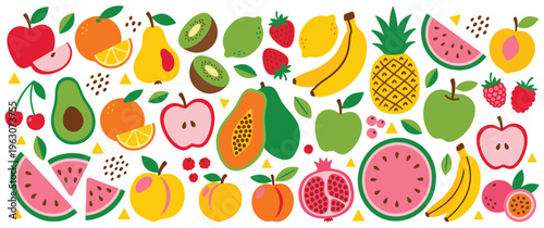 Healthy fruits banner design, cartoon style vector illustration for kids.