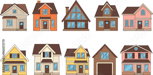 Suburban houses vector set with modern family homes, cottages, garages and residential architecture in clean flat illustration style