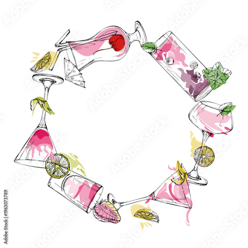 Circular pink wreath of fruit, berry and citrus cocktails, lemonade and milkshake, mint leaves. Hand drawn vector for stickers, cosmetic packaging, recipe seals, party branding and feminine layouts.