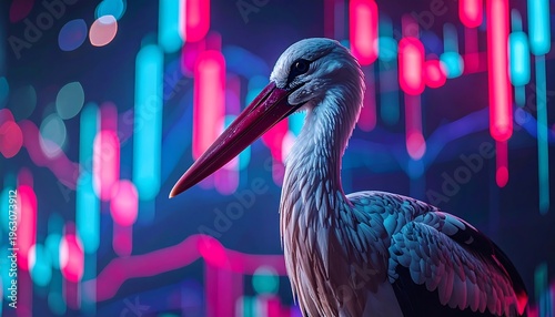 Stork Bird on Abstract Financial Stock Market Background.