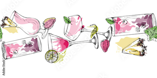 Soft berry, strawberry and pineapple fruity drinks. Vector cocktail strip with flat fills. Hand drawn seamless banner for lifestyle graphics, culinary layouts, festive borders and feminine content.