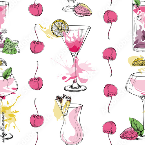 Pink cocktail tile of daiquiri and cosmopolitan, creamy strawberry milkshake, cherry dividers with ink outline. Hand drawn seamless vector pattern for culinary layouts, decorative papers, menu sets.