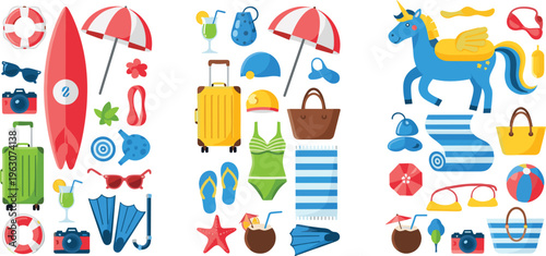 Summer beach vacation vector set with surfboard, swimsuit, suitcase, umbrella, cocktails and seaside accessories in colorful flat illustration style