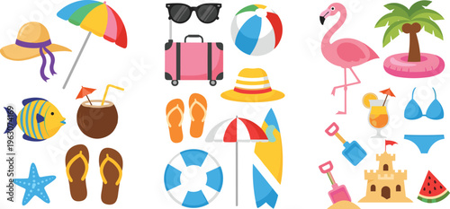 Summer beach vector set with umbrella, flamingo, swimsuit, flip flops, cocktails and vacation accessories in colorful flat illustration style