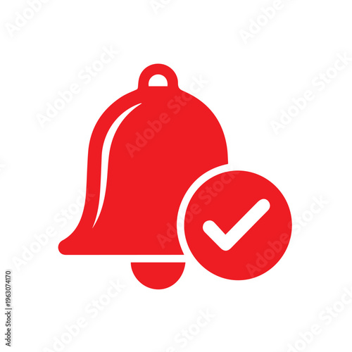 Large red notification bell features a white checkmark inside a circle confirming successful alert reception on white.