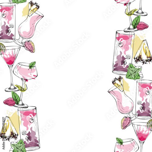 Rosy seamless double edge of daiquiri, margarita, berry mojito and cosmopolitan glasses hand drawn in ink. Vector ribbon for menus, wrapping accents, party sets, print kits and decorative borders.