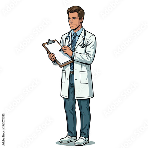 Male doctor writing medical prescription on clipboard