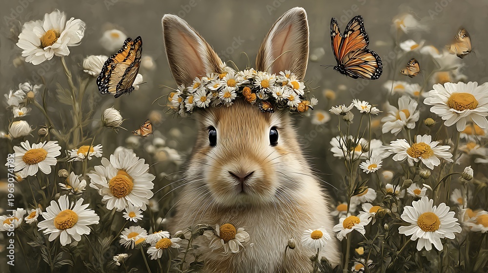 Fototapeta premium Adorable Fluffy Rabbit Wearing Daisy Flower Crown in Spring Meadow 