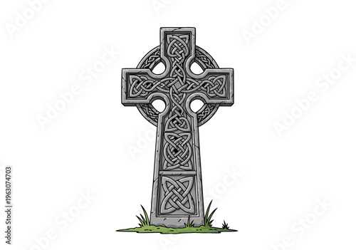 Ancient Celtic cross illustration vector art with intricate knotwork and stone texture, ancient symbol of Ireland