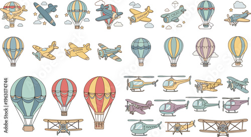 Vintage aviation vector set with airplanes, helicopters, hot air balloons and retro flying transport elements in soft pastel flat illustration style