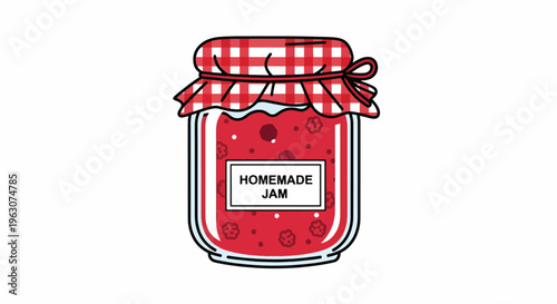 Jar of homemade jam with red and white checkered lid on table