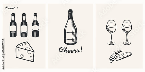 Vintage style illustration of wine bottles glasses cheese and grapes