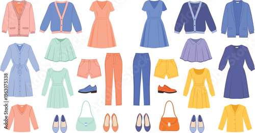 Women clothing vector set with dresses, jackets, skirts, pants, shoes and accessories in modern fashion flat illustration style