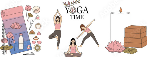 Yoga and meditation vector set with female poses, lotus flowers, candles, mats and wellness elements in calm flat illustration style
