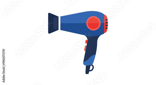 Blue hair dryer with red accents in simple flat design for beauty and haircare