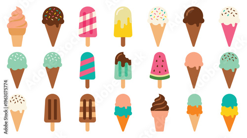 Ice cream set with various flavors and colorful toppings on cones too.