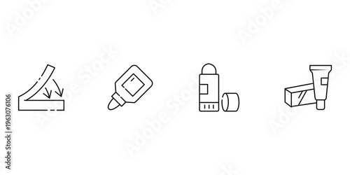 Adhesive glue icon set featuring liquid glue bottle stick tube and bonding process for stationery office and craft vector illustration.