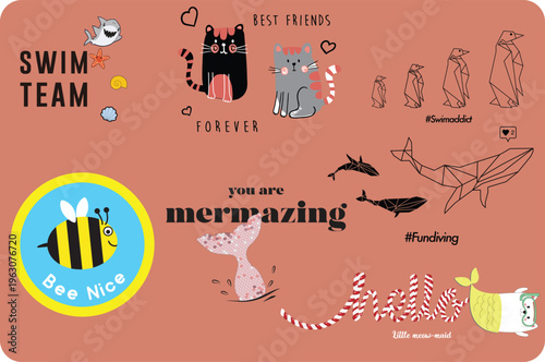 Cute animal stickers, colorful kids illustrations, mermaid and pet designs, swim team graphics