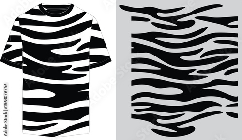 Zebra print t-shirt design, black and white animal stripe pattern, vector illustration, fashion graphics