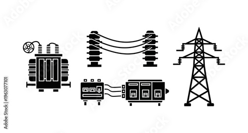 Vector set of essential electrical power components, showcasing transformers, insulators, switchgear, and transmission towers crucial for modern energy infrastructure and grid systems