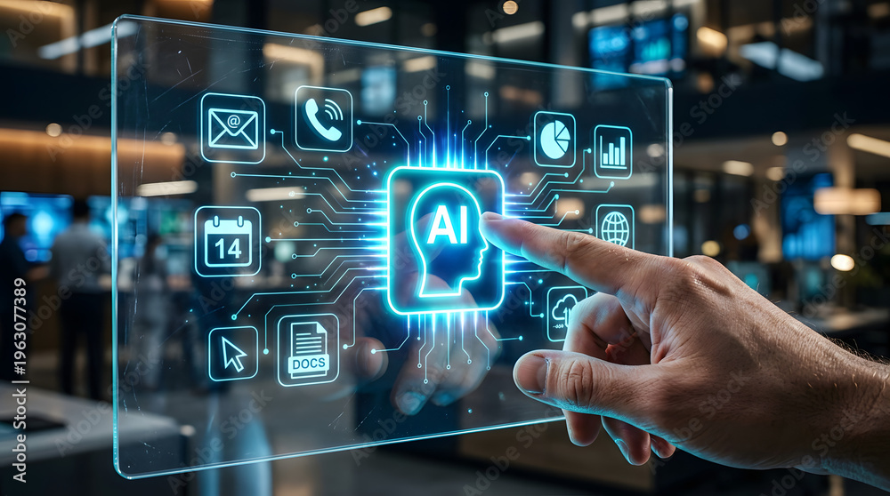 Fototapeta premium Digital Interface of the Future: A person's hand interacts with an illuminated digital interface, featuring an AI icon amidst a network of app symbols, heralding an era of advanced technology.