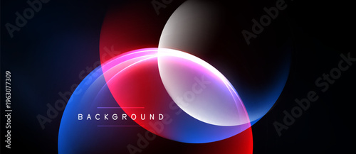 Abstract design features overlapping colorful circles. Vibrant blue, red, pink hues create dynamic visual effect. Dark background emphasizes luminosity.