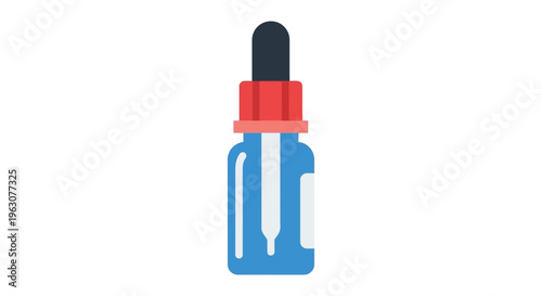 Glass dropper bottle with blue liquid and red cap in minimalist flat design for medical or skincare product advertising