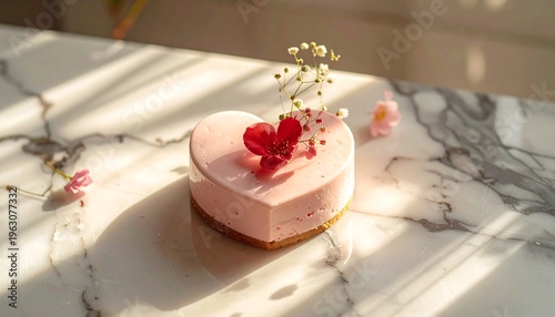 Elegant Heart-Shaped Pink Mousse Cake with Delicate Flower Garnish.