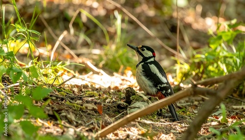 Great Spotted Woodpecker perched on a branch in a sunlit forest clearing.