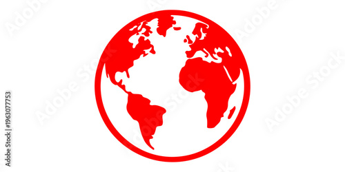 A 3d illustration of a red button featuring a global world map sphere showing the blue ocean and green land continents of Earth in a travel business icon concept