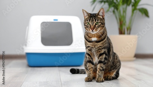 A Tabby Cat Sits Proudly Next to Its Clean Litter Box.