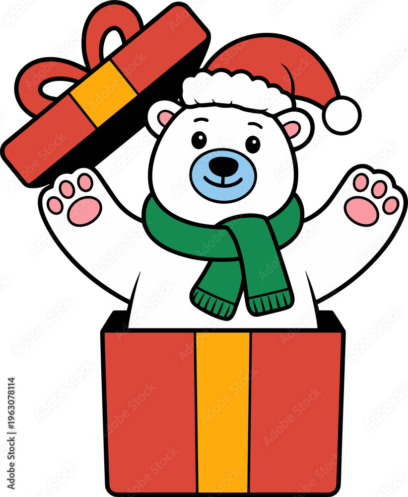 Fototapeta premium cute polar bear holding christmas gift box with candy cane
