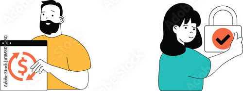 Man showing money transfer while woman holds secure payment confirmation with a lock and checkmark symbol