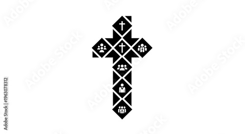 Black Christian cross with people and cross icons.