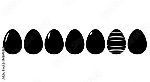 Seven black egg silhouettes in a row, with one egg featuring white horizontal stripes.