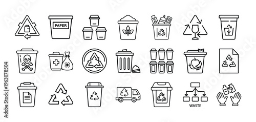 Collection of Simple Black and White Icons for Waste Management and Recycling Processes