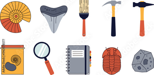 Set of 10 Fossil and Paleontology Icons Including Hammer, Fossil, Magnifying Glass, Notebook, and More for Paleontology, Fossil Hunting, and Science Design Projects