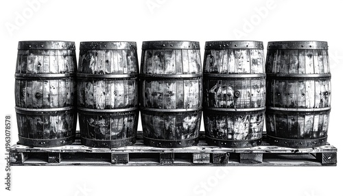 Five Old Wooden Barrels Stacked on a Pallet.