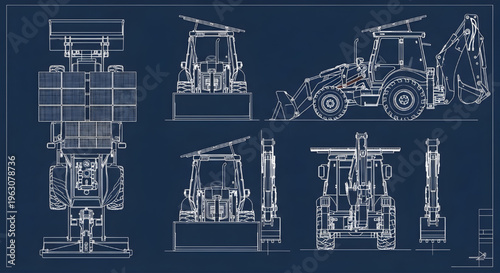 Backhoe Loader with Solar Panel AutoCAD Blueprint – Multiview Construction Machine Technical Drawing White Outline on Dark Blue