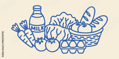 Hand drawn grocery food set with vegetables milk bread eggs and fruits in simple outline vector illustration