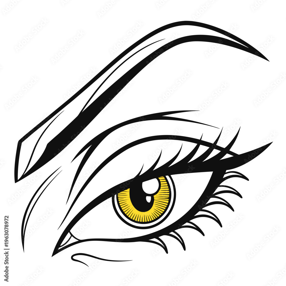 Obraz premium Minimalist Abstract Eye Logo with Yellow Iris – Modern Sharp Black Vector Icon for Branding