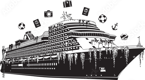 Black and white of a cruise ship with travel related
